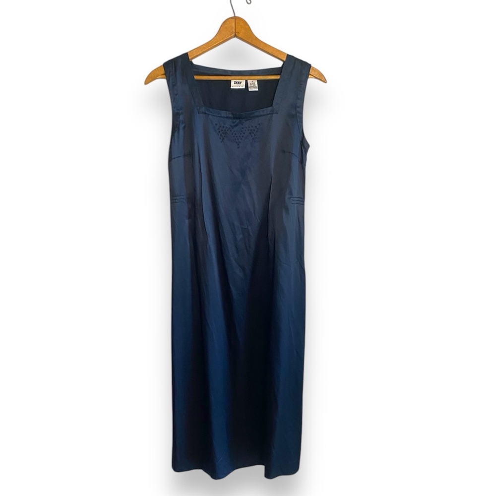DKNY Classic 100% Silk Vintage Black Sleeveless Square Neck Midi Dress